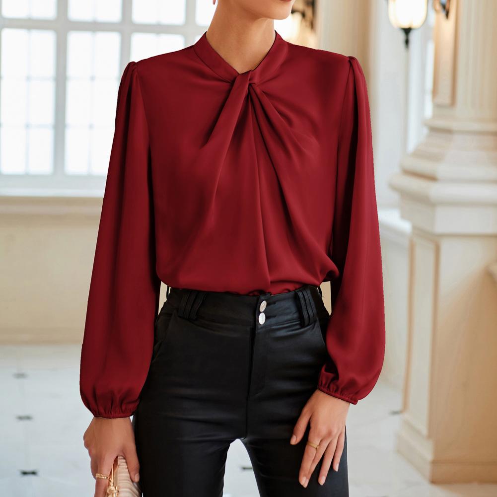 Grace Karin women's Long Sleeve Satin Blouse,Mock Neck Work Silk Shirts,Dressy Tops for Business Casual Office