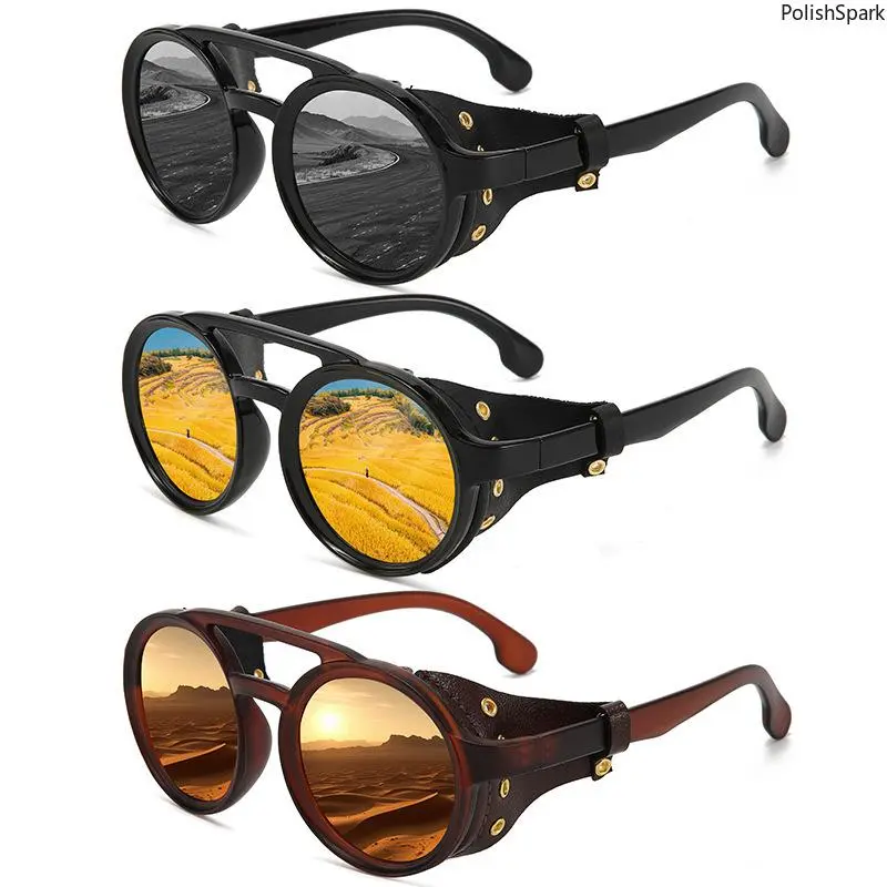 Retro Steampunk Round Polarized Sunglasses for Men Women – Gothic Metal Rivet Leather Side Shields Eyewear | UV400 Cyberpunk Motorbike Goggles Cosplay Party Festival Sun Shades, Resin, Unisex, Men's Sunglasses, Uv400 Protection