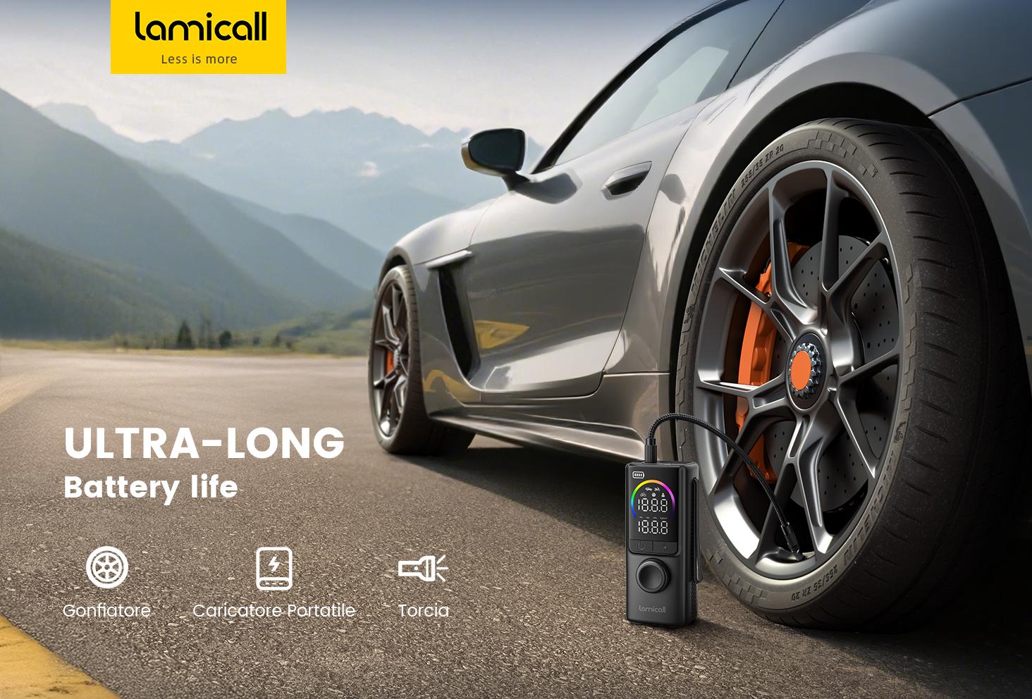 Lamicall 3in1 Portable Car Tire Inflator  - [150 PSI ] [4X Faster]Air  Compressor,Cordless Car Air  Pump with Rechargeable  Battery, Digital Display  Pressure Gauge,LED Light,  for Cars, Motorcycles,  Bike, Ball