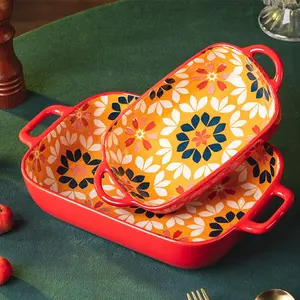 Floral Pattern Rectangular Casserole Baking Dish, 1 Count Double Handle Baking Pan, Baking Tray, Kitchenware Bakeware for Home Use, Housewarming Gift