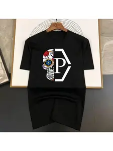 Philipp Plein style sugar skull patchwork logo black trendy T-shirt, unique style, suitable for boyfriends and girlfriends, fashionable and loose, young and full of vitality