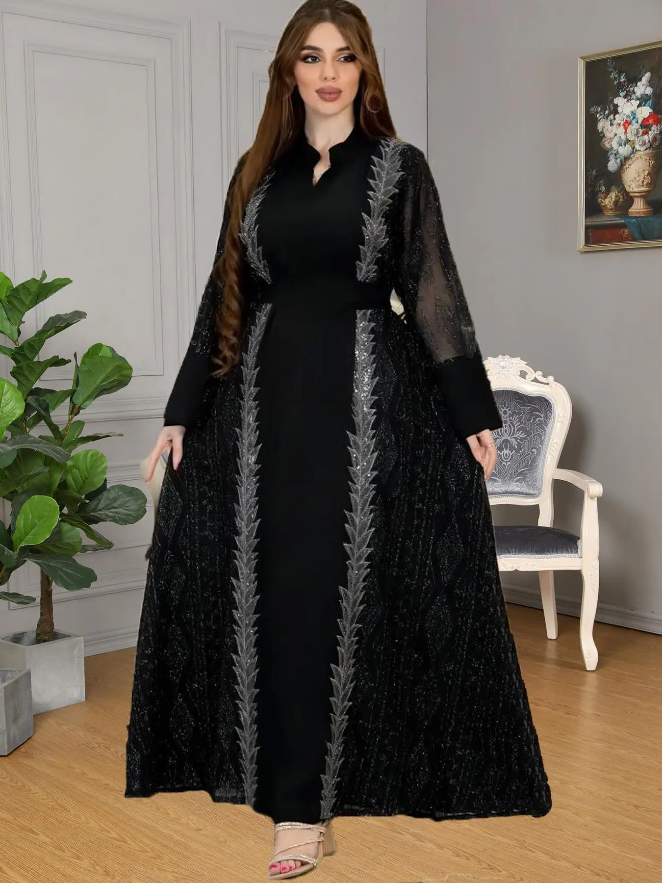 Arabic Clothing-embroidered Contrast Lace Belted Contrast Sequin Notched Dress, Elegant Modest Long Sleeve A Line Dress, Women's Islamic Clothing Kaf