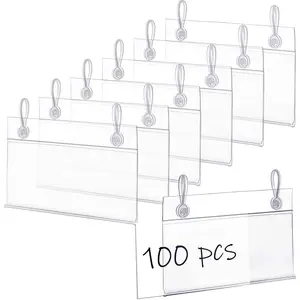 100 Pack Plastic Wire Shelf Label Holders, 4" x 2.3" Clear Price Tag Holder Sign & Ticket Holder with Double Snap Lock Closure, Reusable Basket Label Holders for Market, Retail Shop, Pantry