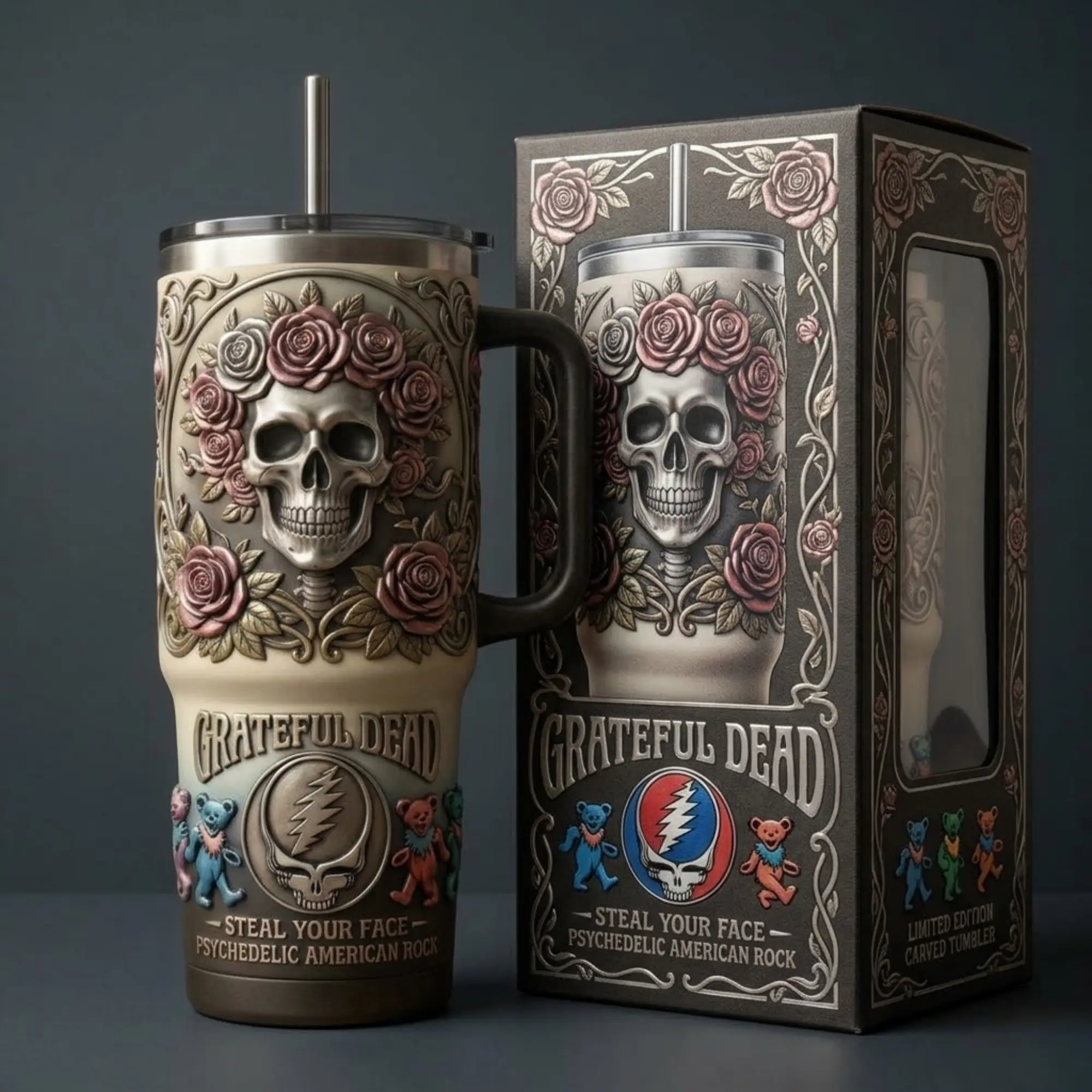 Grateful Dead Steal Your Face Roses Psychedelic Rock Tumbler, Grateful Dead Steal Your Face Skull Roses 40oz Tumbler with Handle Straw, Psychedelic American Rock Stainless Steel Travel Mug, Fan Gift Idea