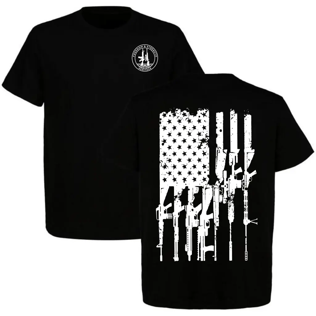 Patriotic rifle and star-spangled flag print short-sleeved T-shirt