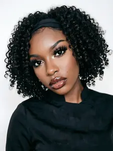 Headband Pixie Cut Wig, Human Hair Wig, Machine Made, Kinky Curly, 180% Density, Daily Party Use, Gift Wig