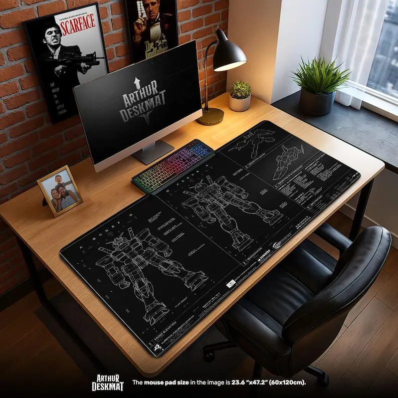 Gundam Black Blueprint Mouse Pad, Mecha Anime Desk Mat, RX-78 Robot Gaming Mouse Pad, Otaku Gift, Sci-Fi Desk Decor
