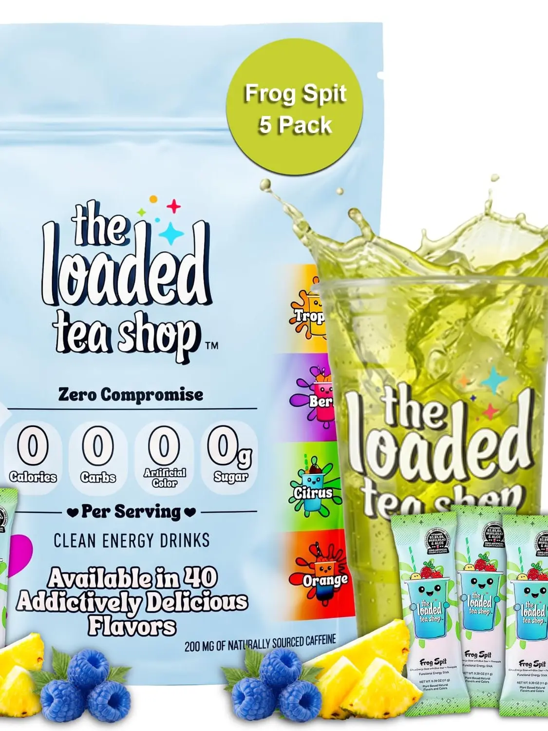 The Loaded Tea Shop Frog Spit Drink Mix Sticks 5 Pack, Sugar Free Powder Drink Mix, 200mg Natural Caffeine, Zero Calories, B Vitamins, No Artificial Colors or Flavors