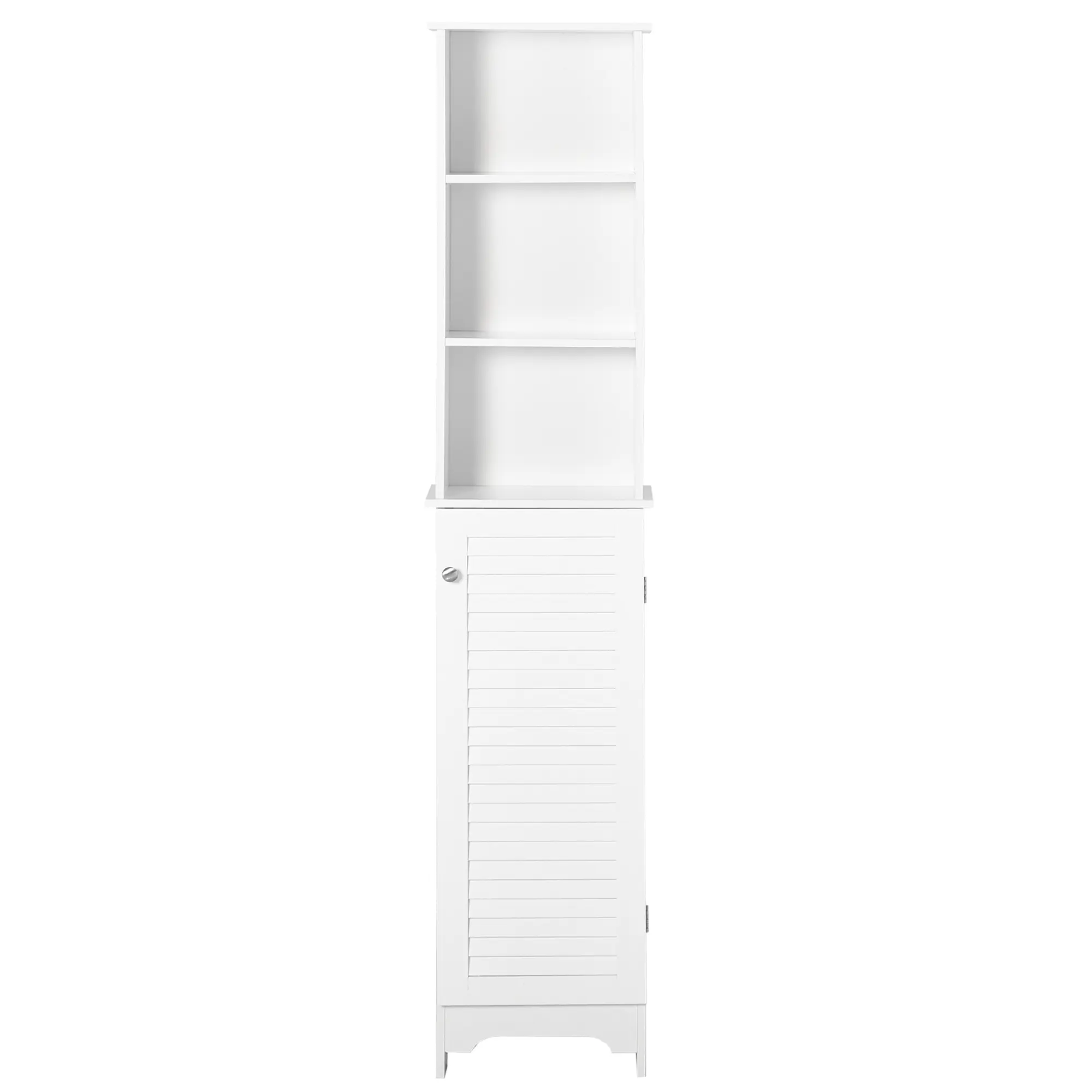 White Tall Freestanding Bathroom Linen Tower Three Tier Adjustable Open Shelves Closed Cupboard Elevated Base MDF Particleboard Frame 110LBS Total Load For Towels Hygiene And Cleaning Supplies