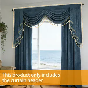 French Luxury Dusty Blue Velvet Curtain Head, High-End Water Wave Curtains for Living Room Villa, Vintage Fringe Decorative Window Drapes