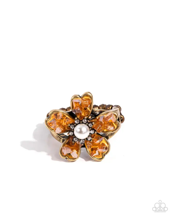 Chiseled Captain - Brass Rhinestone Flower Ring - Paparazzi