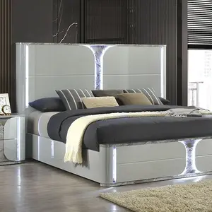 Cleburne FM72011LG-4PC Modern 4-Piece Queen Size Bedroom Set in Light Grey with Faux Marble Trim & LED Lighted Accents