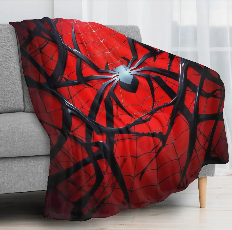 Red Black Spider Web Throw Blanket, Large Silver Spider Emblem Superhero Blanket for Couch Bed, Comic Style Bedroom Decor, Halloween Gift for Boys Teens and Fans