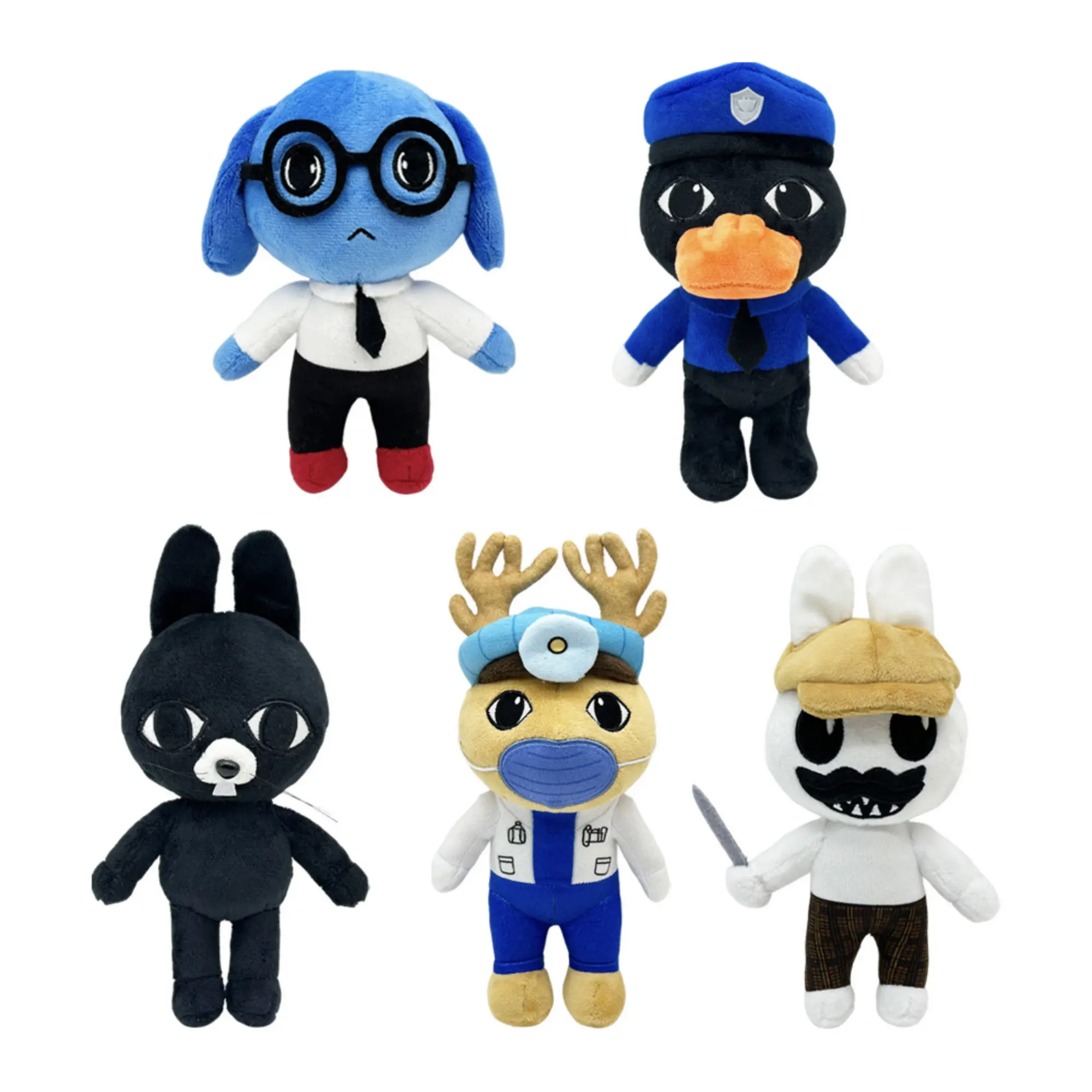 Animal Hospital Plushies-5 Horror Game Plush Set, Blue Dog, Cop Duck, Black Bunny, Doctor Deer, Detective Rabbit Dolls, Spooky Cute Stuffed Toy Gift for Game Fans Teen Collectors Desk Decor
