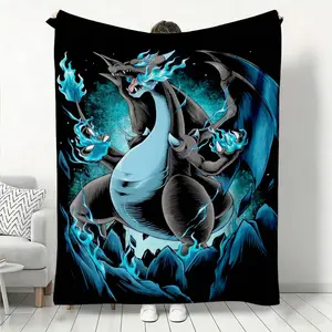 Flannel Blanket, Pokemon Mega Charizard X Print with Dark Black and Cool Blue Tone, Featuring the Iconic Dark Body and Blue Flames of the Popular Anime Character, Soft and Skin Friendly, Suitable