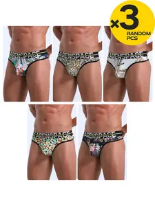 2/3/4 Pcs Random Color Men's Printed Triangle Thongs, T-Back Hip Lift Design, Breathable & Cool, Bikini-Style for Beach, Party, Gathering & Fitness Underwear