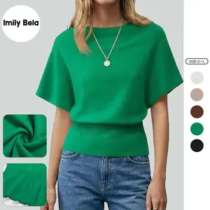 Imily Bela Womens Boat Neck Summer Tops Batwing Dolman Short Sleeve Trendy Ribbed Knit Cinched Waist Knit Sweater Top