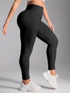 Women's Plus Size Sporty Long Pants, High Waist Tummy Control Butt Lifting Peach Bottoms, High Elasticity, Seamless Knit, Breathable Sweat-Wicking