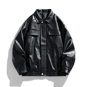 Men's Vintage Motorcycle Leather Jacket Autumn PU Coat High Street Cool Stand Collar Windproof Outerwear with Pockets Long Sleeve Menswear