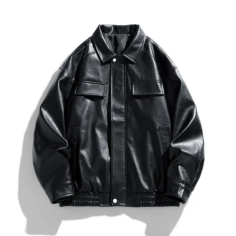 Men's Vintage Motorcycle Leather Jacket Autumn PU Coat High Street Cool Stand Collar Windproof Outerwear with Pockets Long Sleeve Menswear