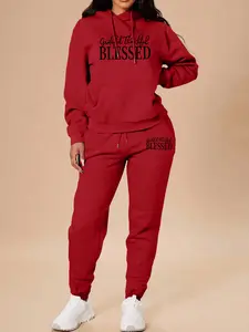 Women's Long Sleeve Hooded Sweatshirt Set, Blessed Letter Print, Casual Fitted Top & Pants, Spring & Fall Fashion, 2 Piece Outfit
