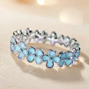 Minimalist Pink Blue Flower Eternity Ring Bridal Engagement Promise Wedding Anniversary Birthstone Synthetic Zirconia Ring High Quality Women Gift for Banquet Daily Wear Valentine Christmas Thanksgiving Present