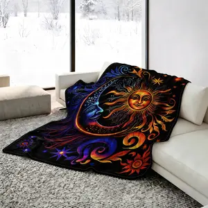 Celestial Sun Moon Cooling Blanket, Arc-Chill Icy Touch for Hot Sleepers, Lightweight Breathable Summer Cover, Multi-Purpose Sofa Bed Cover, Psychedelic Boho Print for Bed Couch Travel, Perfect Summer Gift