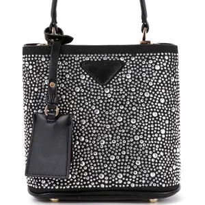 Bling Boss Rhinestone Handbag - Structured Design with Top Handle & Matching Tag Detail, Sleek Black Color, Dazzling Crystal Embellishments