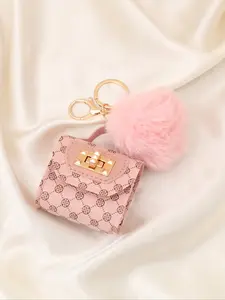 Vintage Fluffy Earphone Mini Bag Keychain, Women's Handbag Charm Lock Buckle, Travel Hanging Accessory for Bags