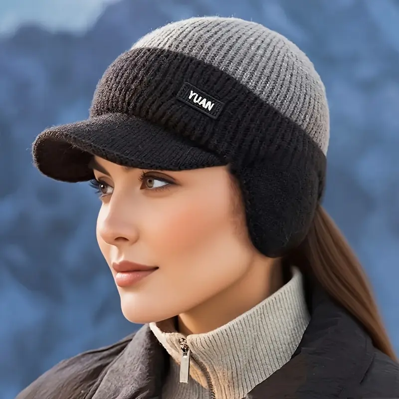 Unisex Winter Warm Ear-Flap Beanie Hat with Detachable Ear Protection - Two-Tone Color Block Design, Adjustable Strap, Lightweight & Durable for Outdoor Sports, Daily Use - Cold Weather Cap for Men & Women (Machine Washable, Neutral Style) yamjam  double