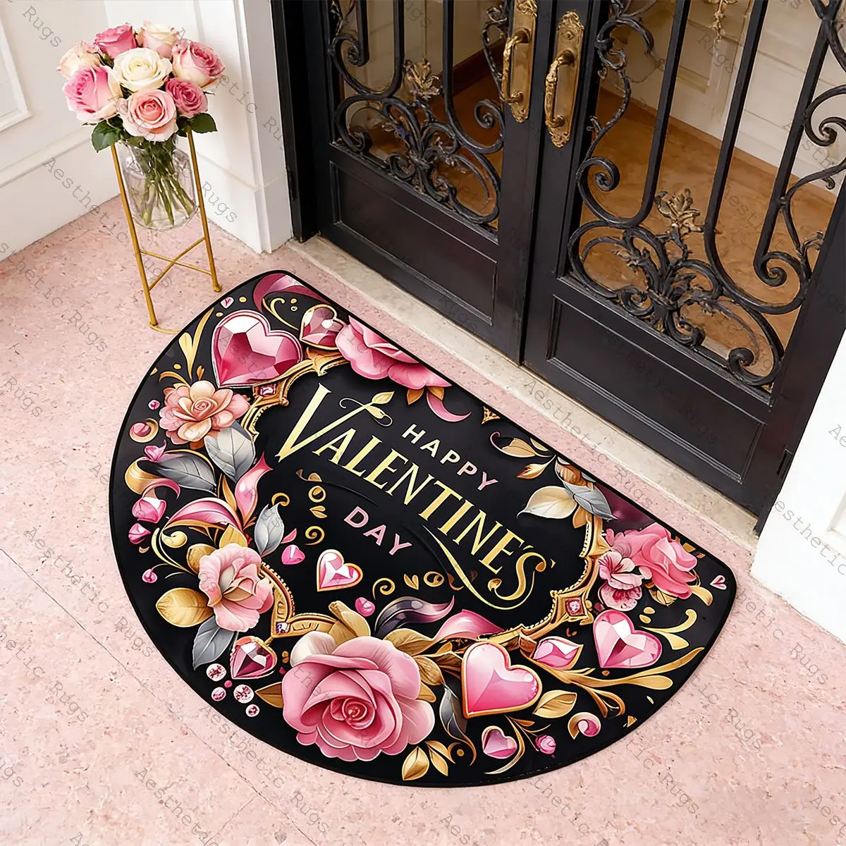 Valentine's Day Half Round Door Mat, Luxurious Romantic Floral Heart Pattern Rug, Holiday Atmosphere Home Decor Welcome Mat