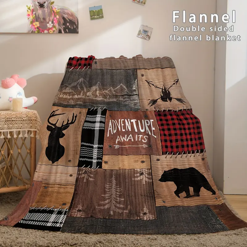 1Pc Polyester Flannel Blanket - Vintage Rustic Bear & Deer Print, 1-Piece Comfy and Cozy All-Season Throw, Machine Washable for Camping Travel, Home Decor, Blanket Gifts for Adults, One-Piece