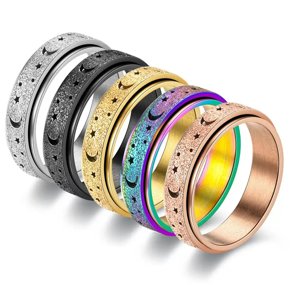 Women's Moon & Star Fidget Spinner Ring - Stainless Steel Rotatable Band, Fidget Rings for Anxiety Relief, Moon Motif Aesthetic Fashion Costume Jewelry, Moon Motif Rings