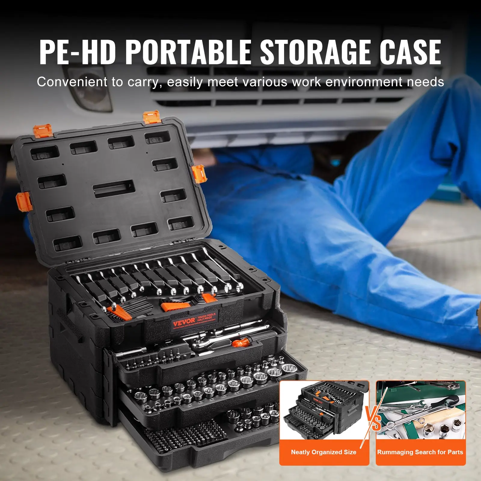 Vevor Mechanics Tool Set and Socket Set, 1/4" 3/8" 1/2" Drive Deep and Standard Sockets, SAE and Metric Mechanic Tool Kit with Bits, Hex Wrenches, Combination Wrench, Accessories, Storage Case