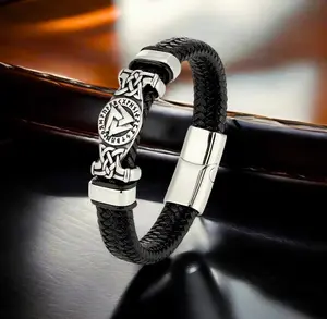 Viking Valknut Leather Bracelet for Men Norse Rune Braided Wristband Jewelry