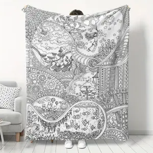 Boho Coloring Book Style Blanket, Soft Flannel Throw Blanket with Black White Doodle Landscape Mandala Print, Cozy Gift for Adults Teens Artists and Girls, Aesthetic Room Decor for Bed Couch Sofa Dorm, Relaxing Art Blanket for Movie Night