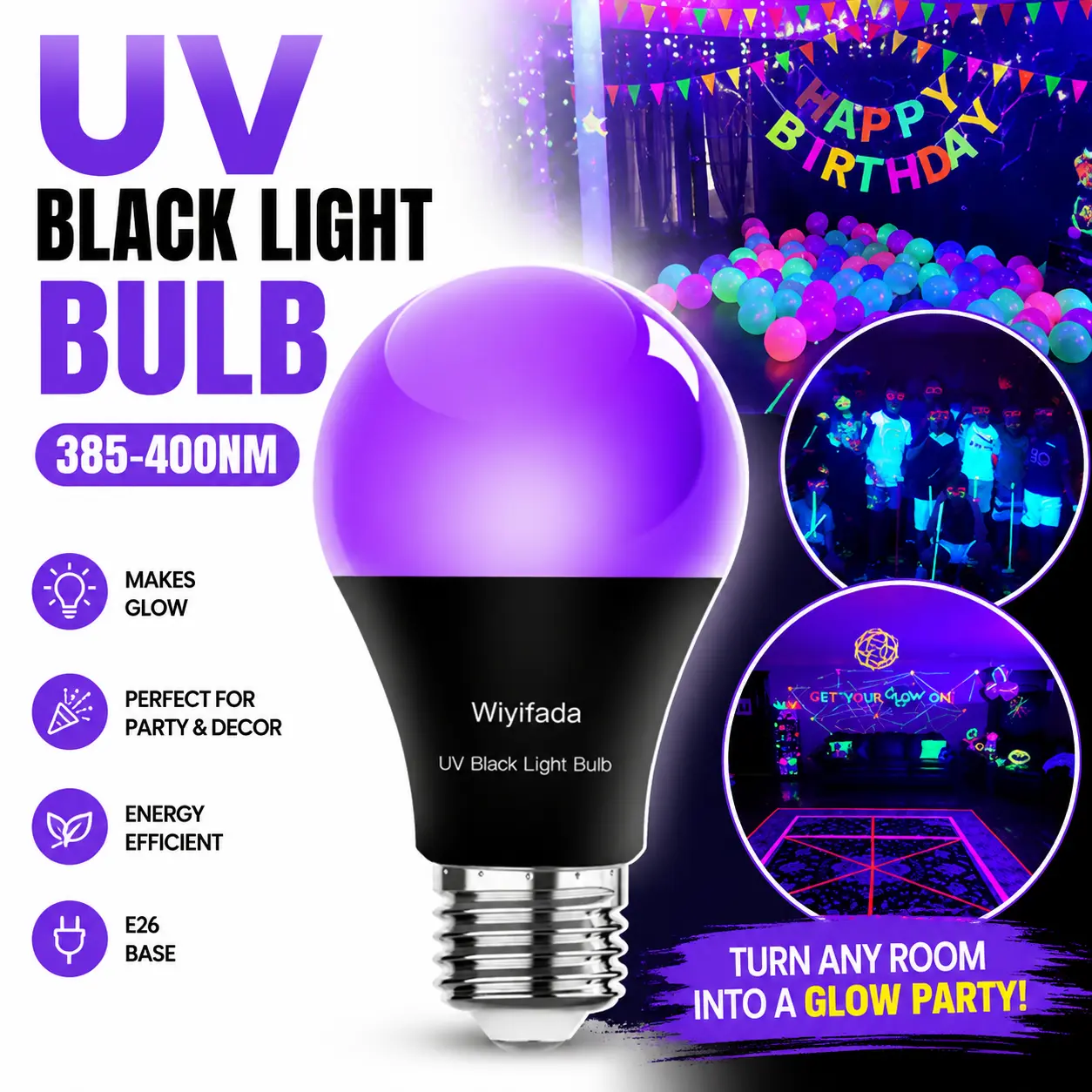 UV Black Light Bulb 385–400mm E26 Screw-in for Glow Party, Halloween & Neon Room Decor UV Black Light Bulb 385–400mm E26 Screw-in for Glow Party, Halloween & Neon Room Decor