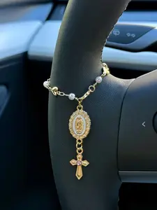 1pc New Virgin Mary Beaded Car Ornament, Two-In-One Steering Wheel Decor & Bracelet Set, Pearl Rhinestone Cross Car Hanging Decoration, Car Interior Decoration