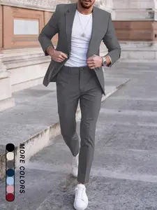 Men's Plain Business Suit Set, Slim Fit Lapel Neck Blazer & Pants, Men's Summer Clothes for Work Office Business, Menswear