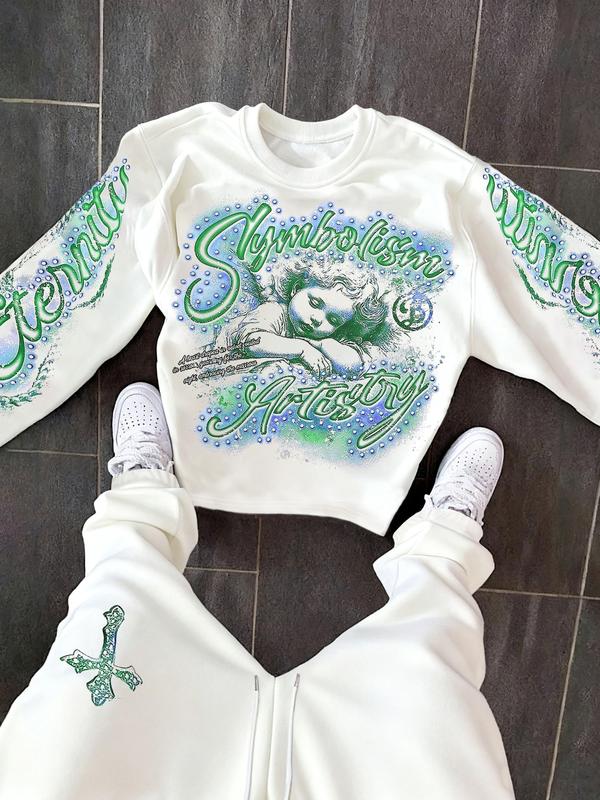 Men's Angel Print Warm Hoodie and Drawstring Waist Sweatpants Set, Casual Fitted Two-Piece, Spring & Fall Fashion