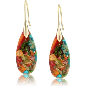 Natural Stone Fishhook Dangle Earrings for Women, Emperor Stone Drop Statement Earrings Gold Silver, Elegant Teardrop Jewelry Gifts Genuine