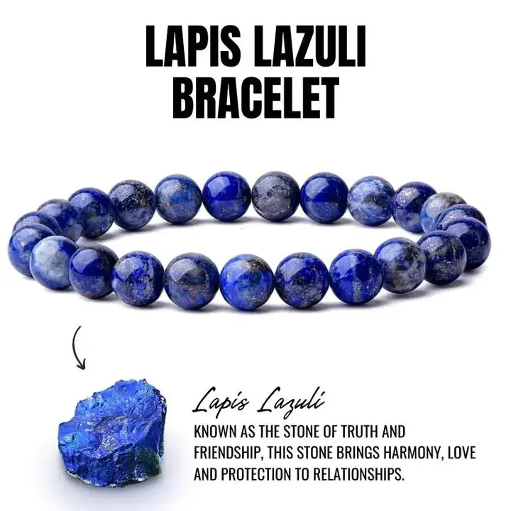 CrestJewels Natural Lapis Lazuli Bead Bracelet, 8 mm Blue Lapis Gemstone Stretch Healing Bracelet, Bohemian Style Friendship Bracelet, Valentine’s Day Gift