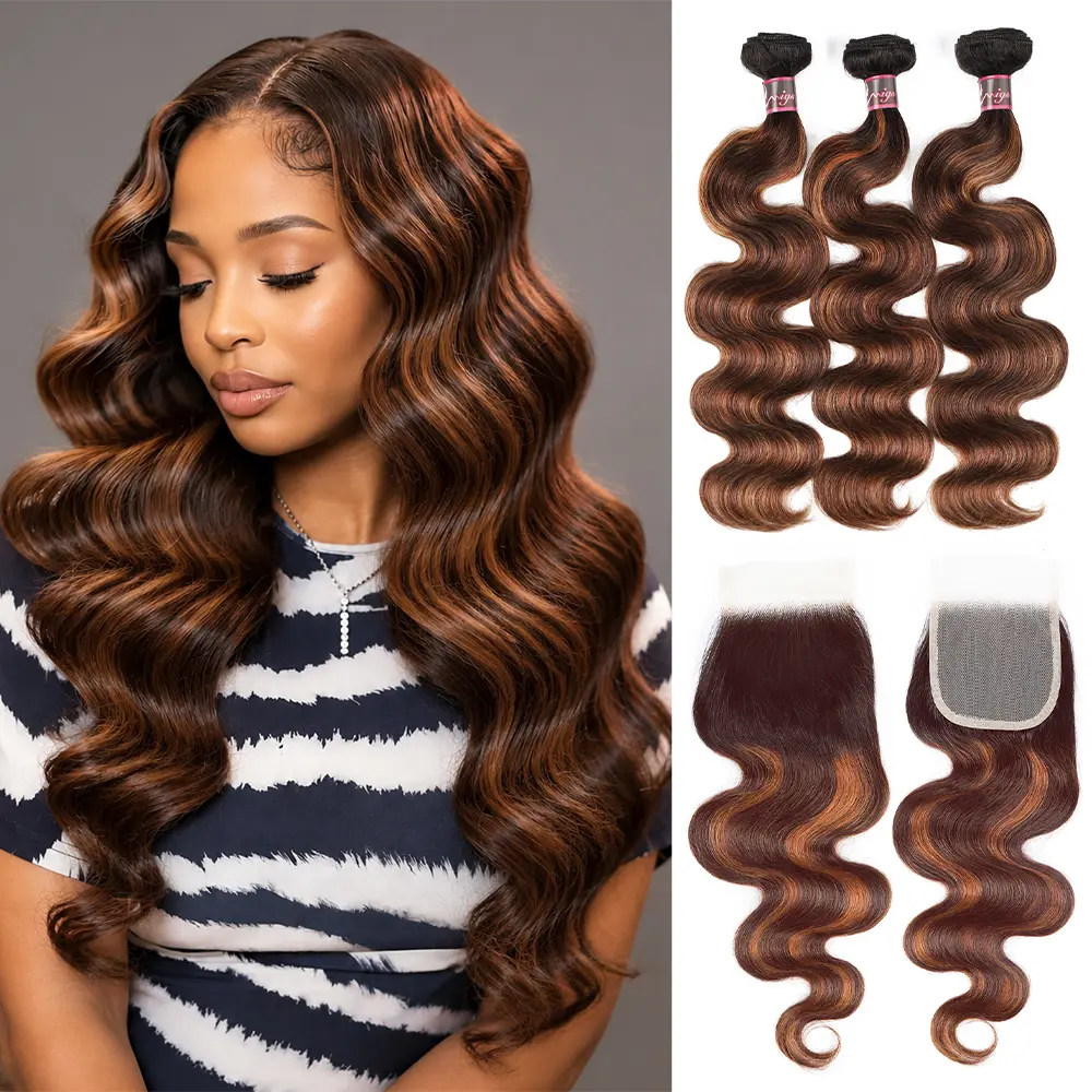 Uwigs Human Hair Bundles, Body Wave Highlight Weave with 4x4 Closure, F1B/4/30 Colored Remy Hair for Women