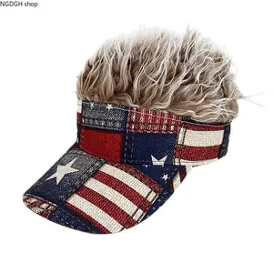 Patriotic USA Flag Wig Visor Hat with Fake Hair, Patchwork Print, 4th of July Accessories, Ideal for 4th of July Parties & Summer BBQs