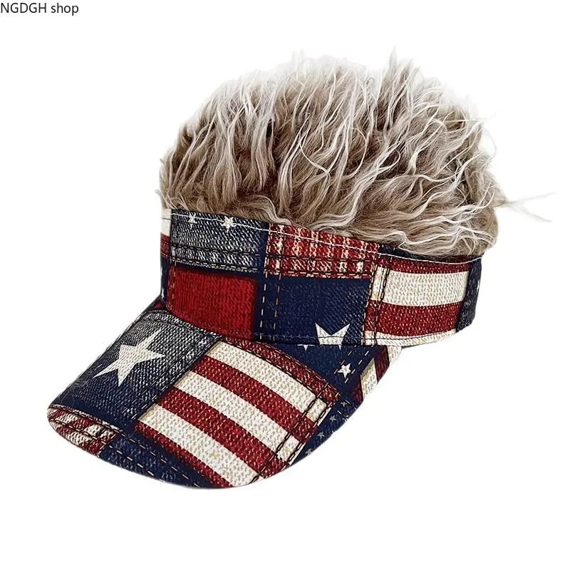 Patriotic USA Flag Visor Hat with Fake Hair - Funny Novelty Gag Gift for 4th of July Parties, Summer BBQs