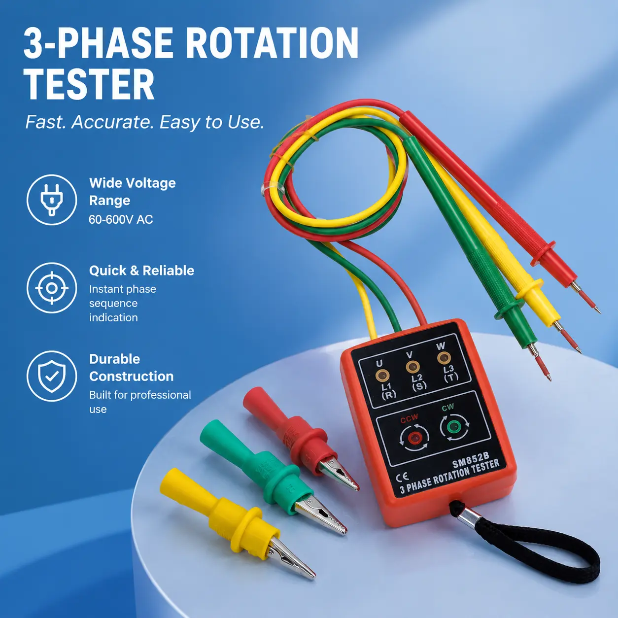 Compact Handheld 3-Phase Rotation Tester - AC 60-600V Range, LED Dual Alert, Phase Failure Detection, Sequence Check with Carry Pouch for Solar & Wind Power Charge Controller Accessories