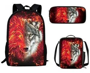 Kids' 3-Piece Neon Fire & Ice Glowing Wolf Graphic Backpack Set - Skin-Friendly Waterproof Polyester, Cosmic Smoke Flame Full Print, Ergonomic Cushioned, Unisex Kindergarten School Rucksack (Sports & Outdoor Accessory)