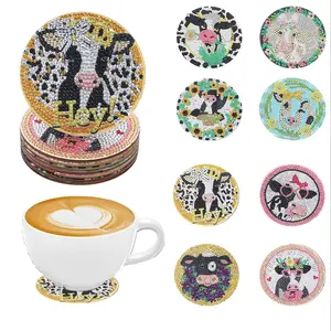 Cartoon Cow Pattern DIY Diamond Arts Colorful Painting Coaster Kit without Cup Holder, 8 Counts/set DIY Decorative Craft for Home Kitchen Office Desk Diamond Painting Kits