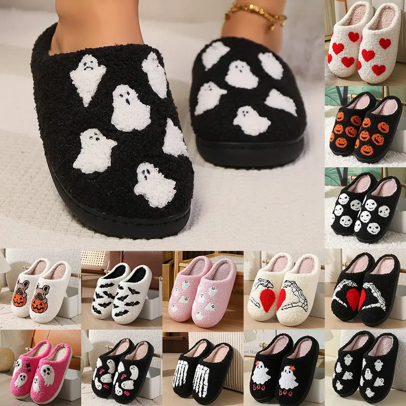 Women's Cotton Slipper Shoes - Breathable Soft Cotton Fabric, Non-Slip Sole, Winter Warm, Ankle Casual, Halloween-Ready, Indoor-Outdoor Slide Footwear