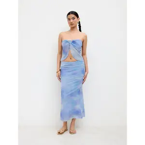 Cider Mesh Illusion Knotted Bandeau Top &  Mid Rise Maxi Skirt Set